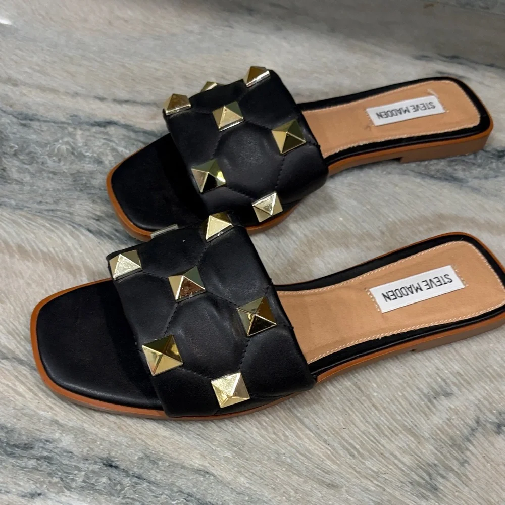 Steve Madden Black Quilted Slide Sandals with Gold Studs - Picture 3 of 5